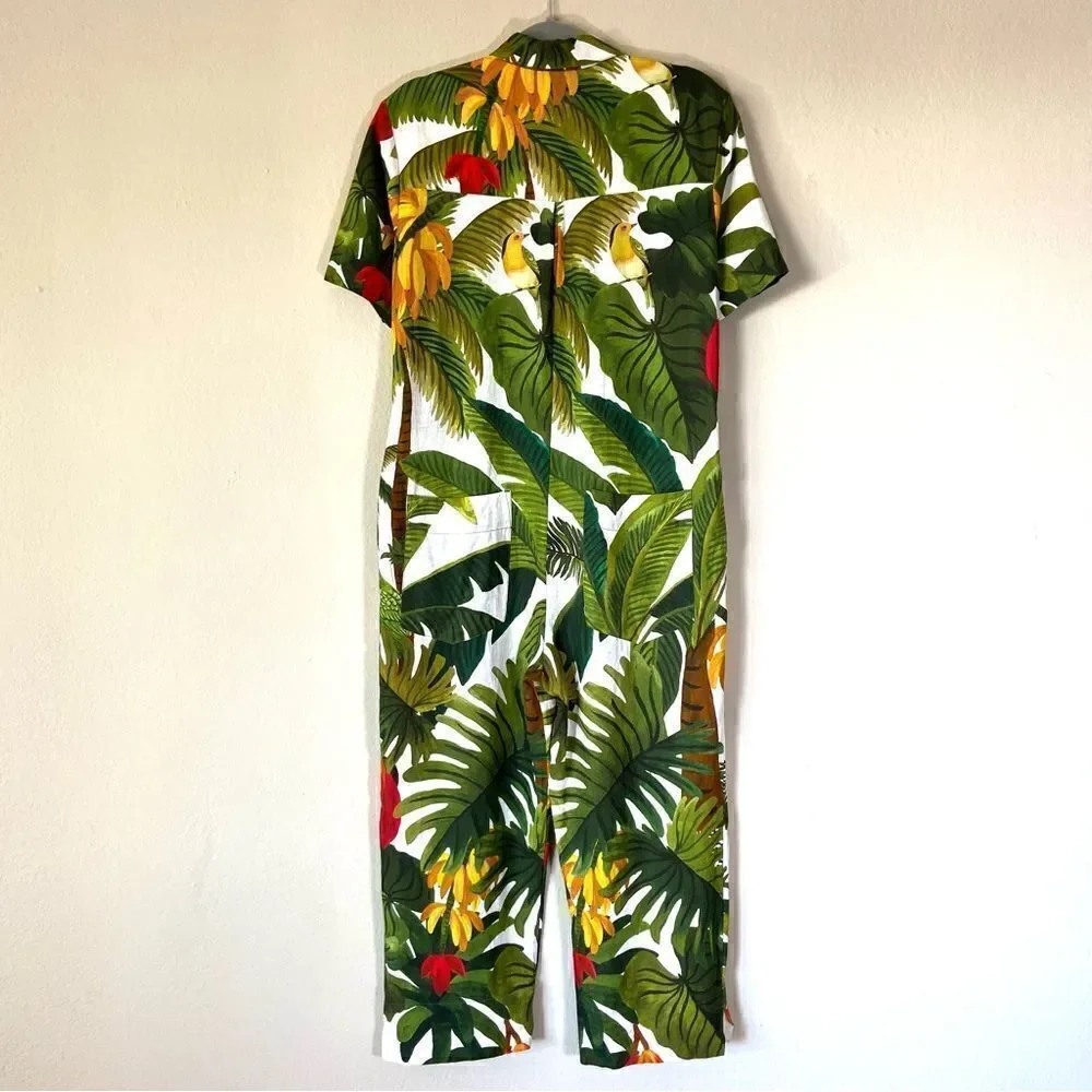 Farm Rio White Cocoa Forest Green Jumpsuit Short Sleeves Size XS
